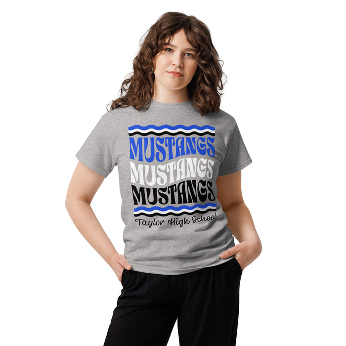 Woman wearing Taylor High School Mustangs Grey Classic Unisex T-shirt 227