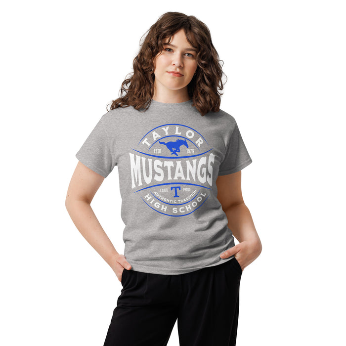 Woman wearing Taylor High School Mustangs Grey Classic Unisex T-shirt 218