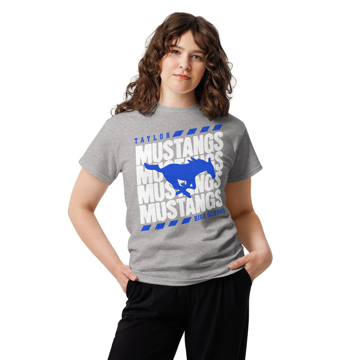 Woman wearing Taylor High School Mustangs Grey Classic Unisex T-shirt 223