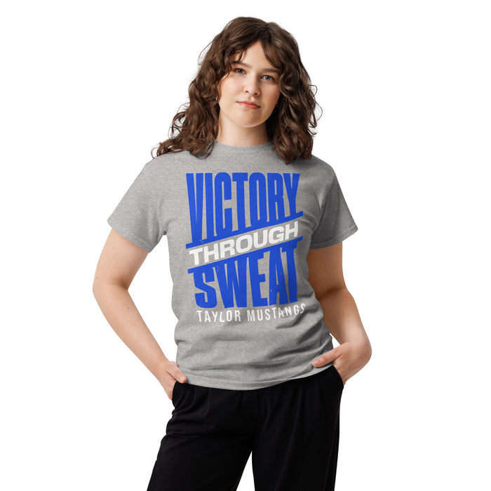Woman wearing Taylor High School Mustangs Grey Classic Unisex T-shirt 241
