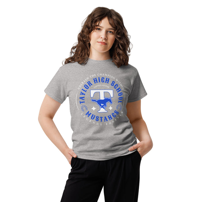 Woman wearing Taylor High School Mustangs Grey Classic Unisex T-shirt 214
