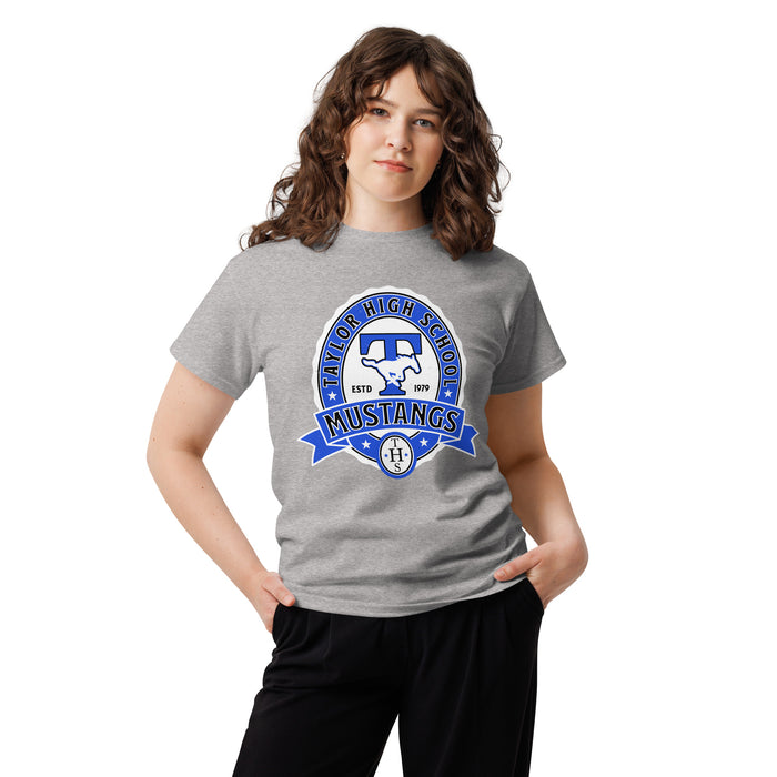Woman wearing Taylor High School Mustangs Grey Classic Unisex T-shirt 212
