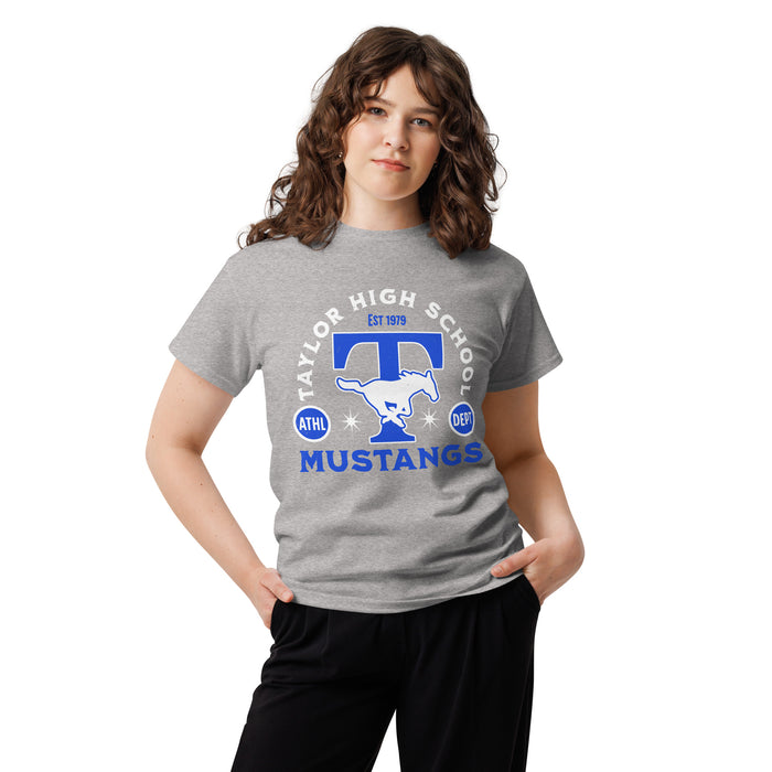 Woman wearing Taylor High School Mustangs Grey Classic Unisex T-shirt 208