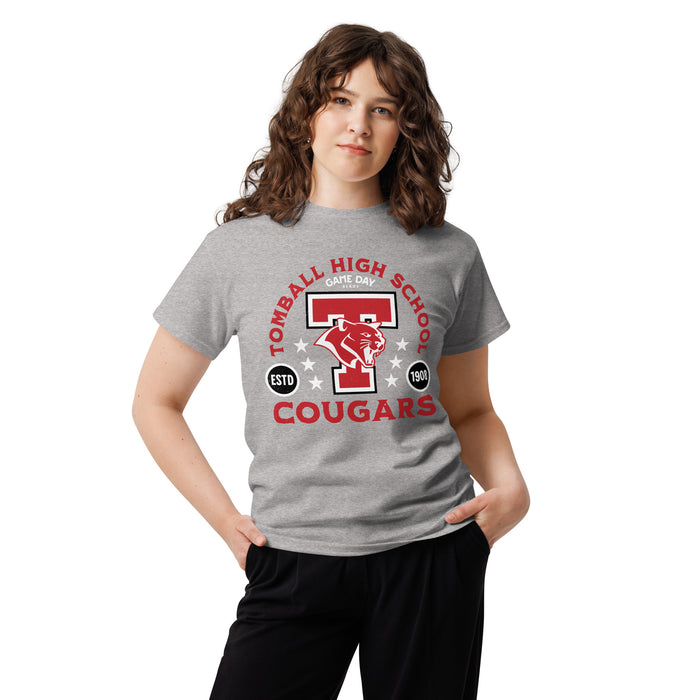 Woman wearing Tomball High School Cougars Classic Unisex Grey T-shirt 208