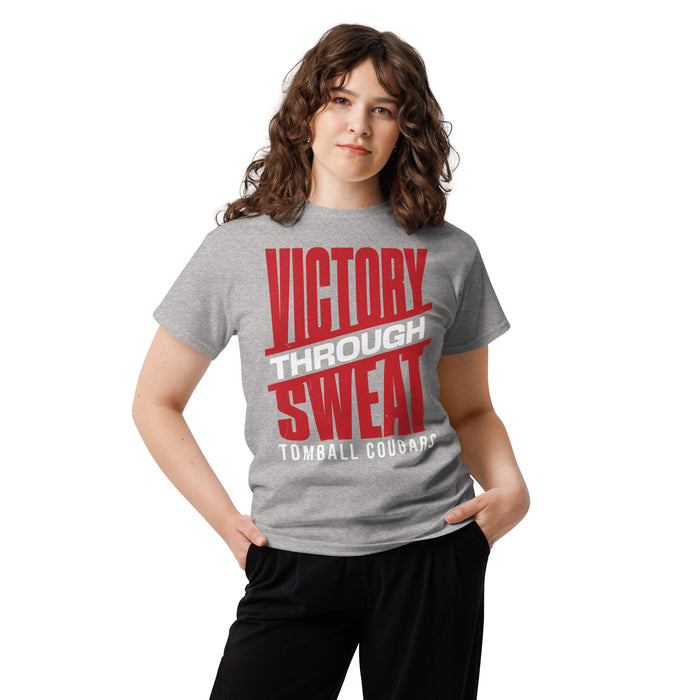 Woman wearing Tomball High School Cougars Classic Unisex Grey T-shirt 241
