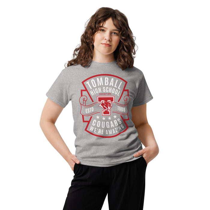 Woman wearing Tomball High School Cougars Classic Unisex Grey T-shirt 207