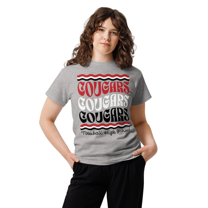 Woman wearing Tomball High School Cougars Classic Unisex Grey T-shirt 227