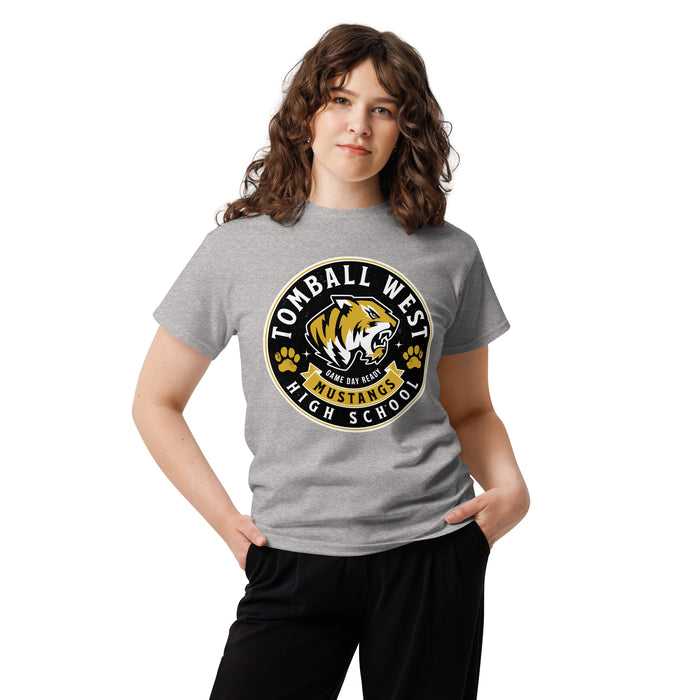 Woman wearing Tomball West High School Tigers Grey Classic Unisex T-shirt 215