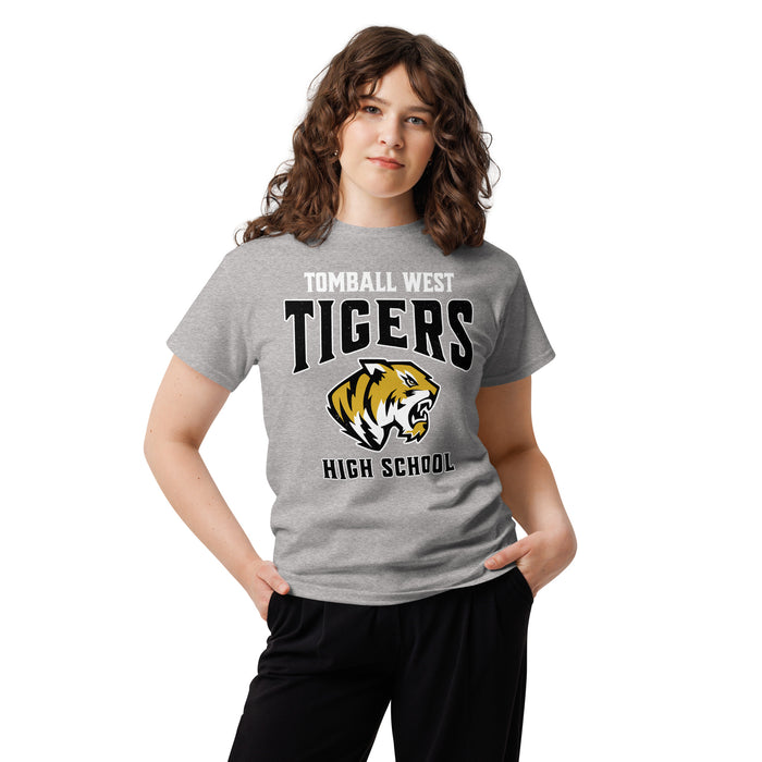 Woman wearing Tomball West High School Tigers Grey Classic Unisex T-shirt 213