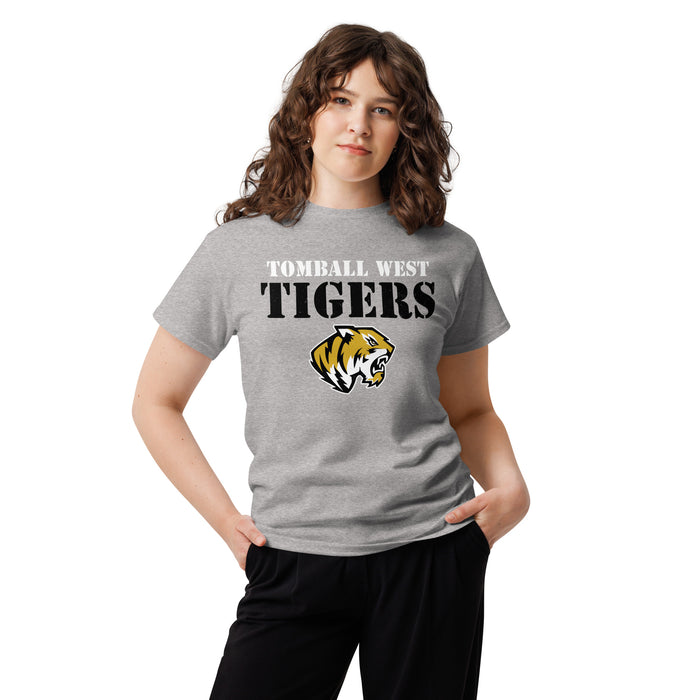 Woman wearing Tomball West High School Tigers Grey Classic Unisex T-shirt 017