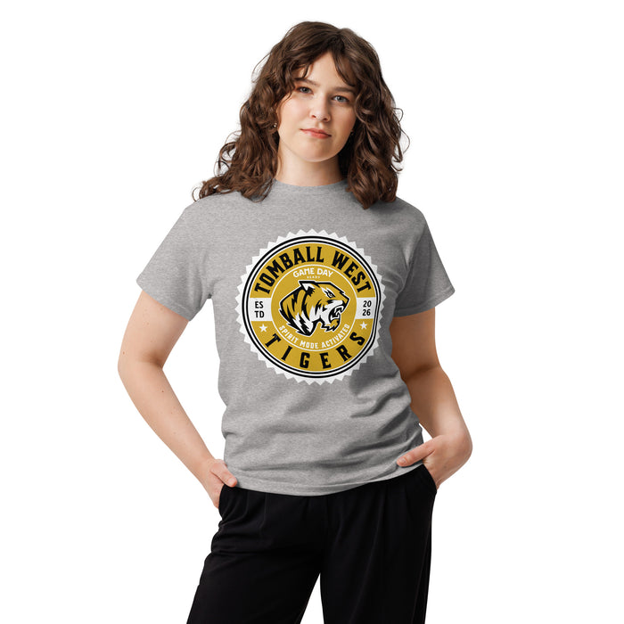 Woman wearing Tomball West High School Tigers Grey Classic Unisex T-shirt 203