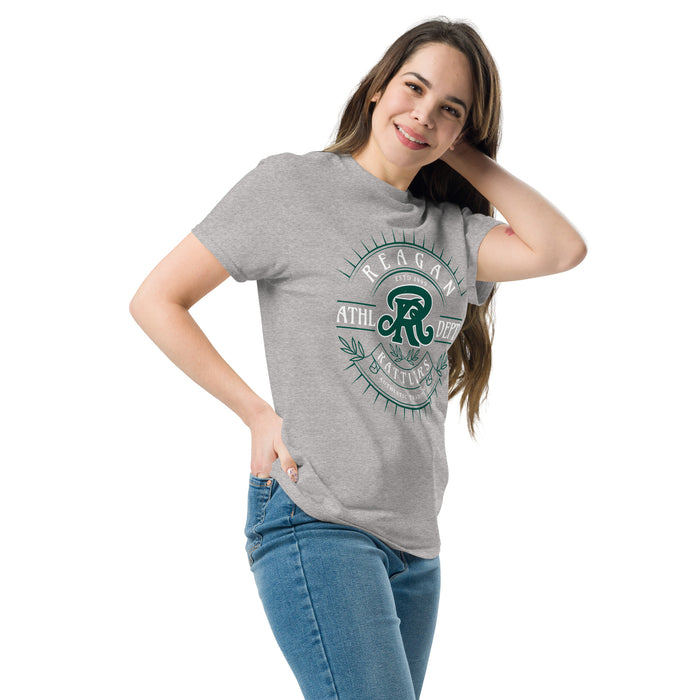 Woman wearing Reagan High School Rattlers Grey Classic Unisex T-shirt 201