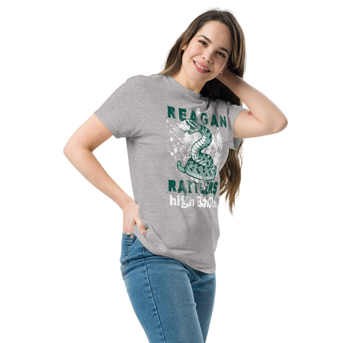 Woman wearing Reagan High School Rattlers Grey Classic Unisex T-shirt 205