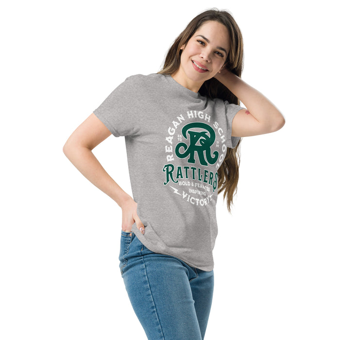 Woman wearing Reagan High School Rattlers Grey Classic Unisex T-shirt 206