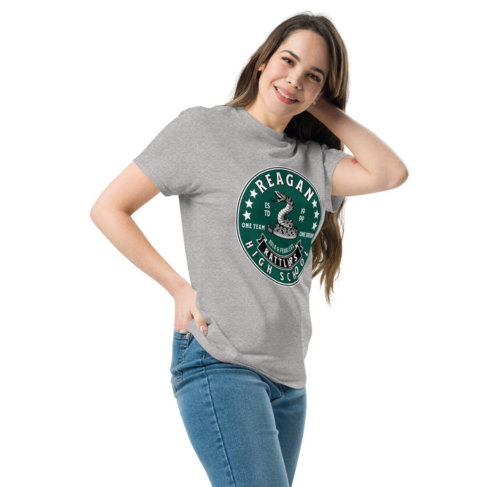 Woman wearing Reagan High School Rattlers Grey Classic Unisex T-shirt 215