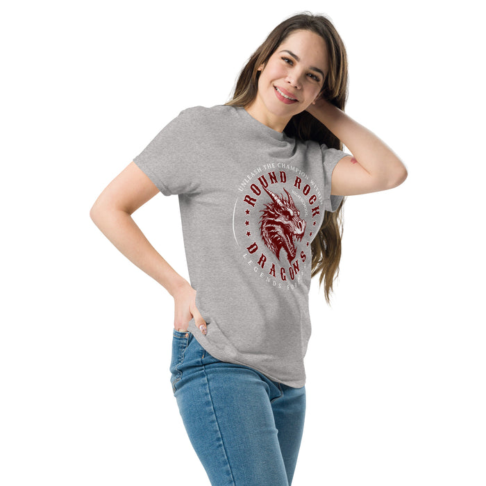 Woman wearing Round Rock High School Dragons Grey Classic Unisex T-shirt 214