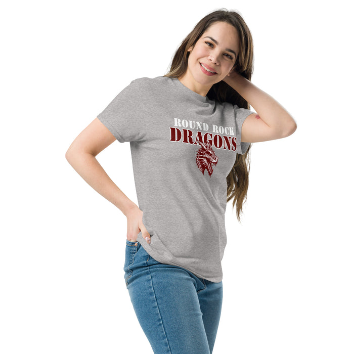 Woman wearing Round Rock High School Dragons Grey Classic Unisex T-shirt 222