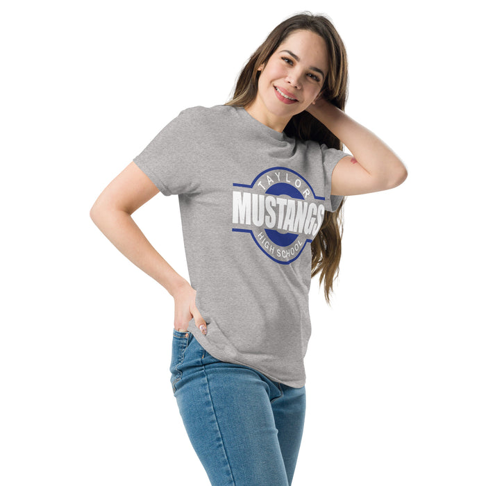 Woman wearing Taylor High School Mustangs Grey Classic Unisex T-shirt 011