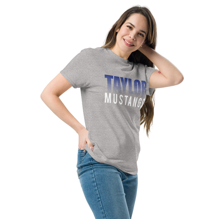 Woman wearing Taylor High School Mustangs Grey Classic Unisex T-shirt 024