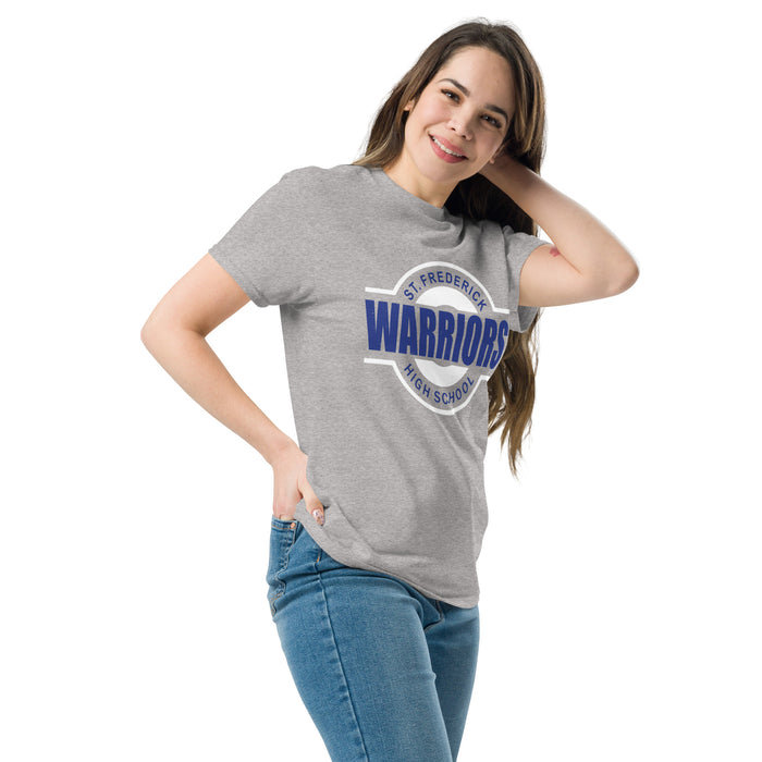 Woman wearing St. Frederick High School Warriors Grey Classic Unisex T-shirt 011