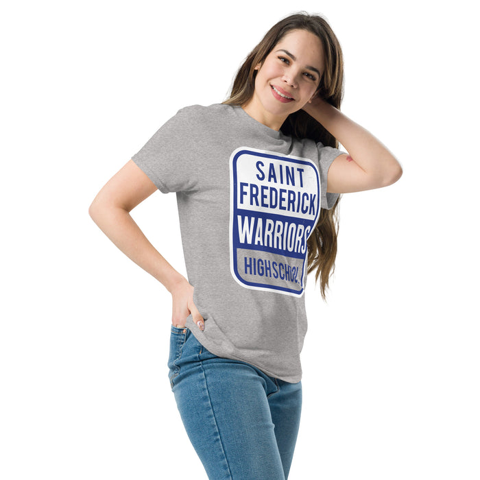 Woman wearing St. Frederick High School Warriors Grey Classic Unisex T-shirt 001