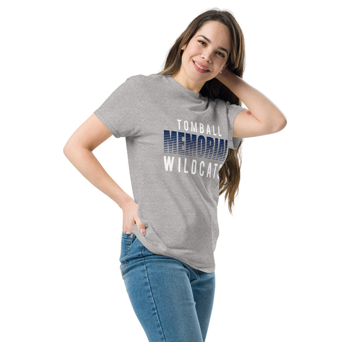 Woman wearing Tomball Memorial High School Wildcats Grey Classic Unisex T-shirt 024