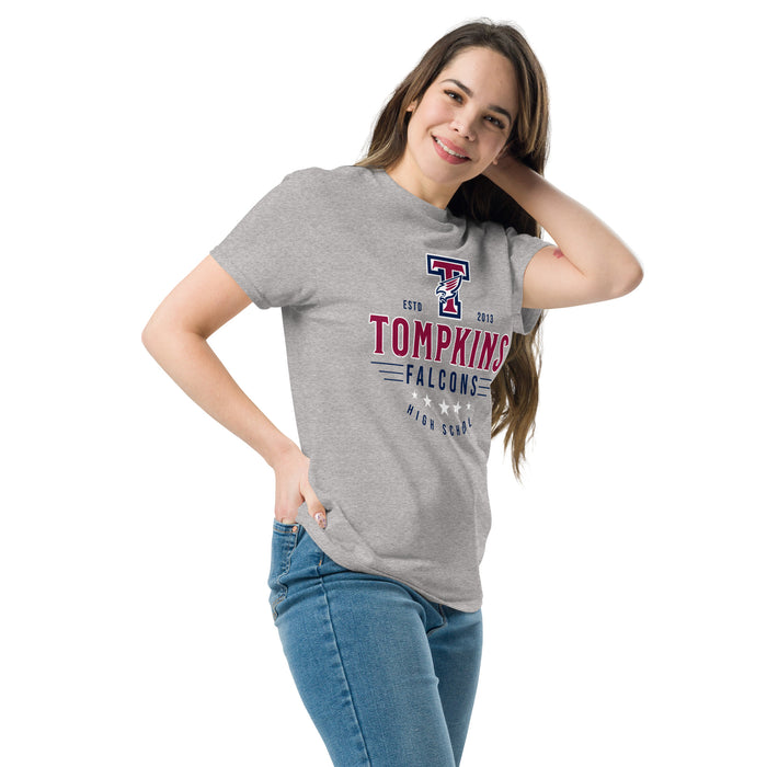 Woman wearing Tompkins High School Falcons Grey Classic Unisex T-shirt 217