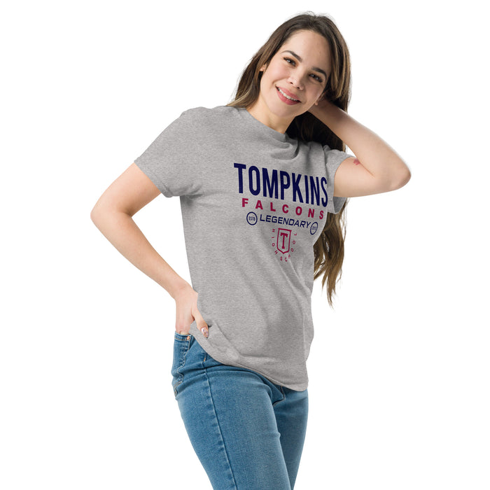 Woman wearing Tompkins High School Falcons Grey Classic Unisex T-shirt 003