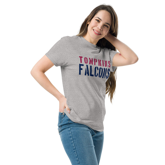 Woman wearing Tompkins High School Falcons Grey Classic Unisex T-shirt 017