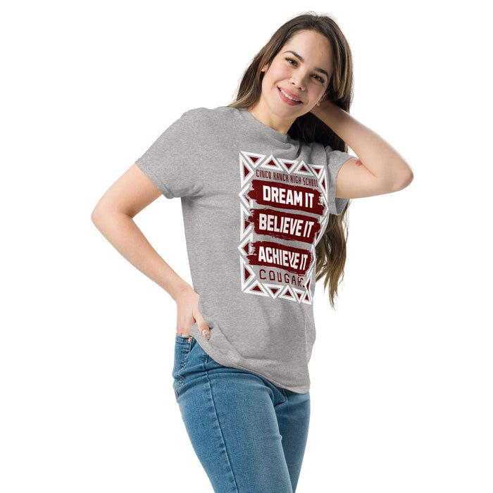 Woman wearing Cinco Ranch High School Cougars Classic Unisex Sport Grey T-shirt 229