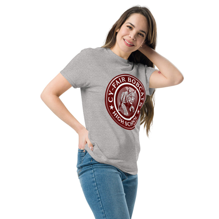Woman wearing Cy-Fair High School Bobcats Sport Grey Classic Unisex T-shirt 222