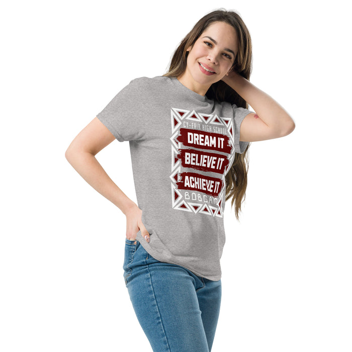 Woman wearing Cy-Fair High School Bobcats Sport Grey Classic Unisex T-shirt 228