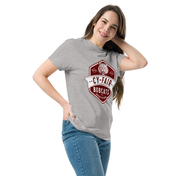 Woman wearing Cy-Fair High School Bobcats Sport Grey Classic Unisex T-shirt 209