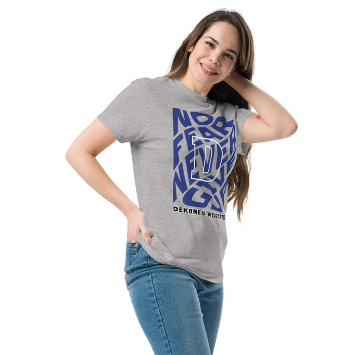 Woman wearing Dekaney High School Wildcats Heather Grey Classic Unisex T-shirt 236