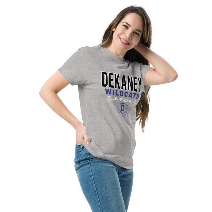 Woman wearing Dekaney High School Wildcats Heather Grey Classic Unisex T-shirt 003