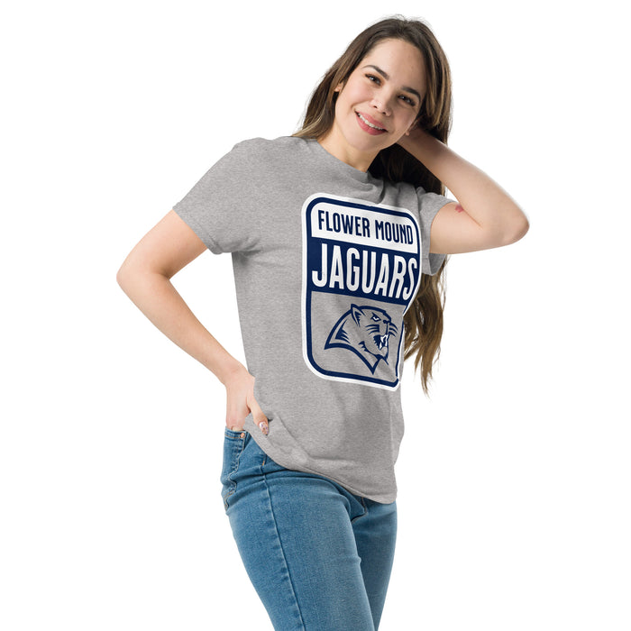 Woman wearing Flower Mound High School Jaguars Sport Grey Classic Unisex T-shirt 001