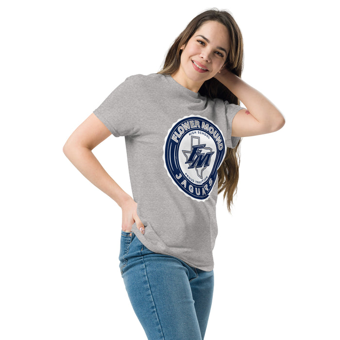 Woman wearing Flower Mound High School Jaguars Sport Grey Classic Unisex T-shirt 216