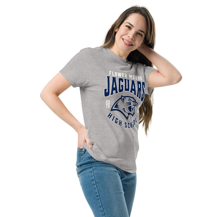 Woman wearing Flower Mound High School Jaguars Sport Grey Classic Unisex T-shirt 213