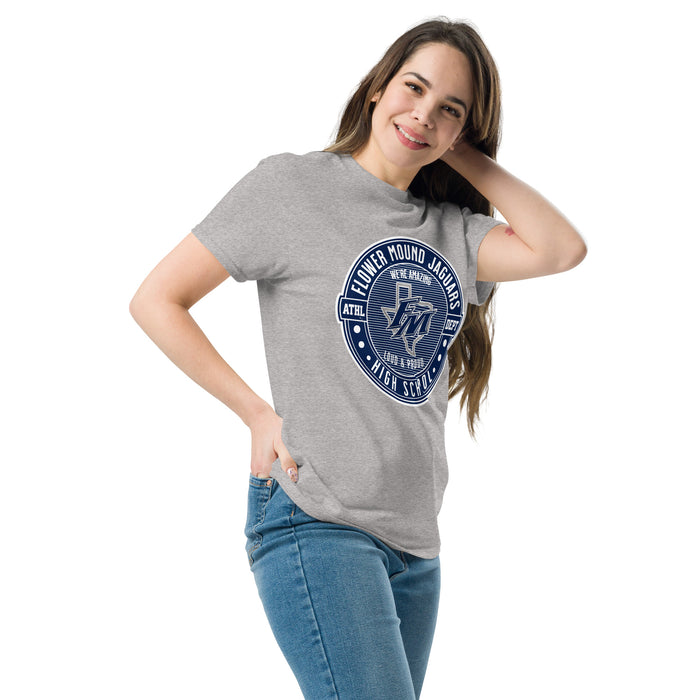 Woman wearing Flower Mound High School Jaguars Sport Grey Classic Unisex T-shirt 224