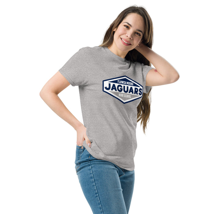 Woman wearing Flower Mound High School Jaguars Sport Grey Classic Unisex T-shirt 009