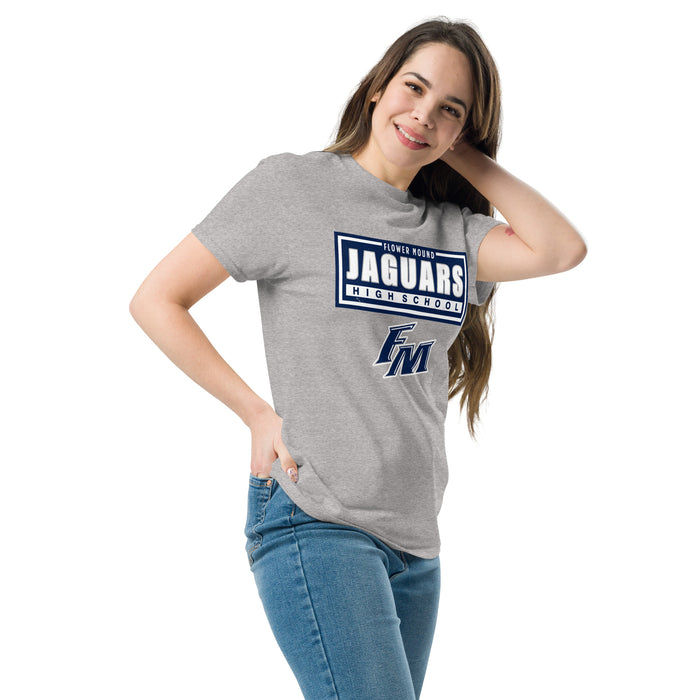 Woman wearing Flower Mound High School Jaguars Sport Grey Classic Unisex T-shirt 049