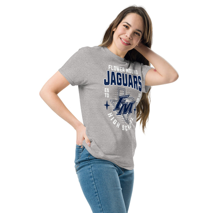 Woman wearing Flower Mound High School Jaguars Sport Grey Classic Unisex T-shirt 204