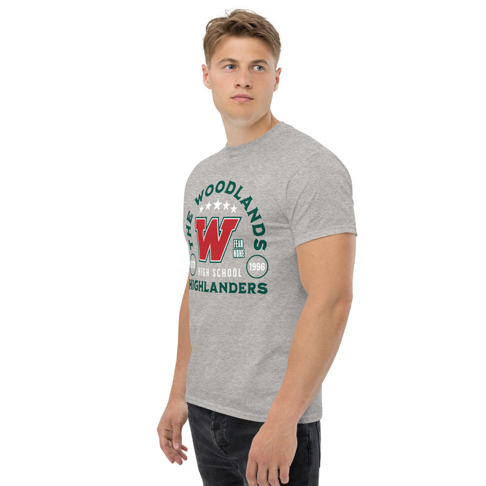 Man wearing The Woodlands High School Highlanders Sport Grey Classic Unisex T-shirt 208