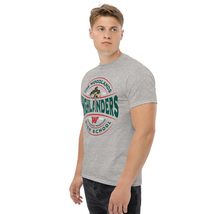 Man wearing The Woodlands High School Highlanders Sport Grey Classic Unisex T-shirt 218