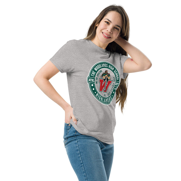 Woman wearing The Woodlands High School Highlanders Sport Grey Classic Unisex T-shirt 224