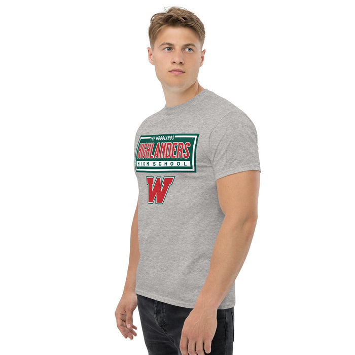 Man wearing The Woodlands High School Highlanders Sport Grey Classic Unisex T-shirt 049
