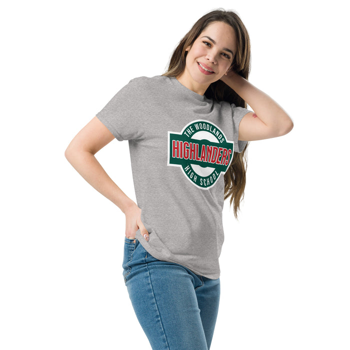 Woman wearing The Woodlands High School Highlanders Sport Grey Classic Unisex T-shirt 011