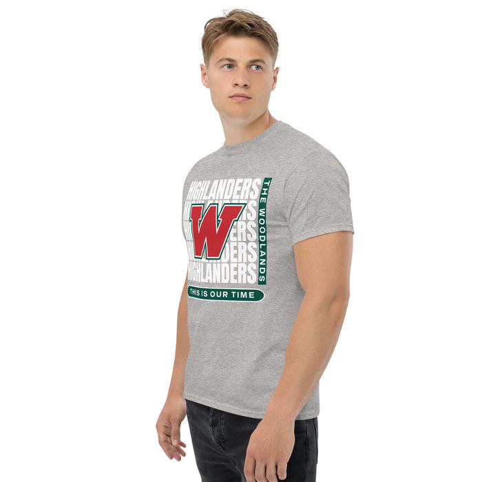 Man wearing The Woodlands High School Highlanders Sport Grey Classic Unisex T-shirt 235
