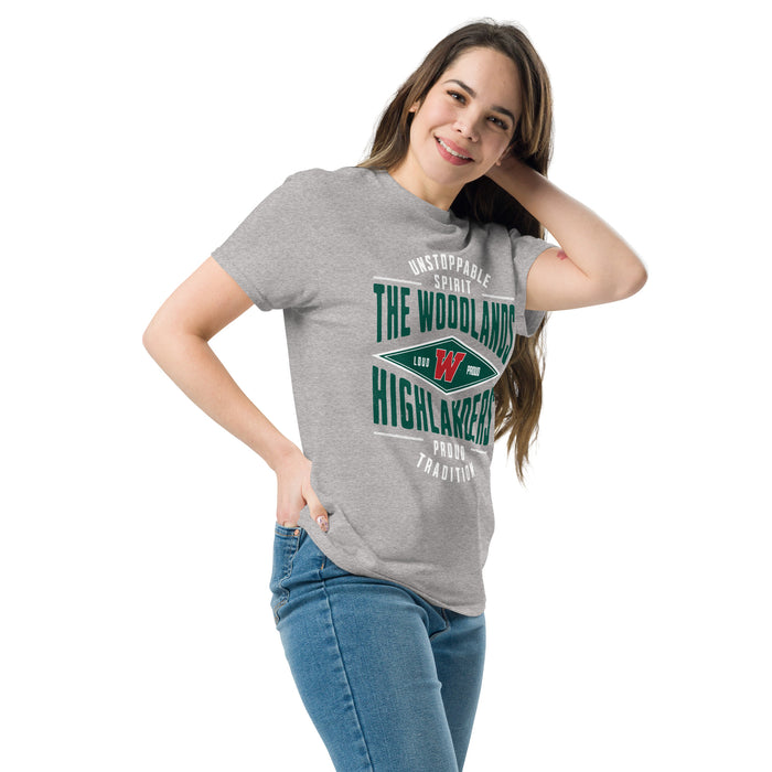 Woman wearing The Woodlands High School Highlanders Sport Grey Classic Unisex T-shirt 210