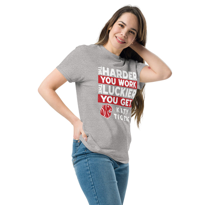 Woman wearing Katy High School Tigers Sport Grey Classic Unisex  T-shirt 238